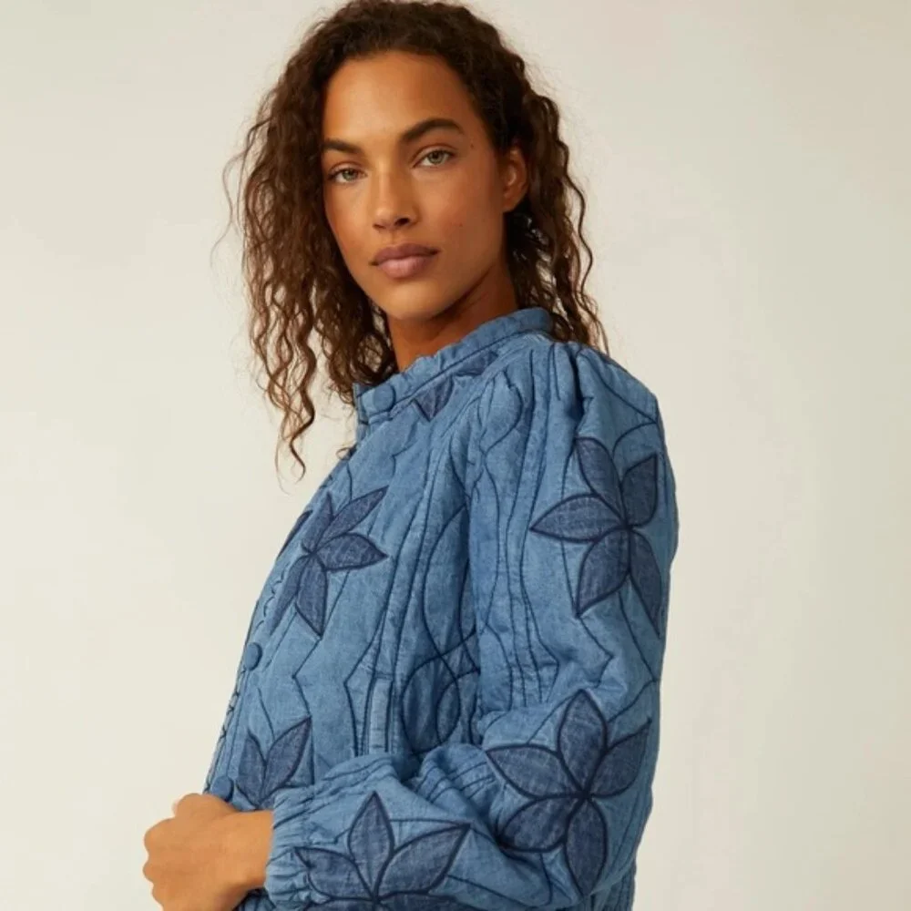 NEW FREE PEOPLE Stars Jacket Blue Quinn Boho Style Puffy Soft Quilted Jacket - Picture 6 of 11